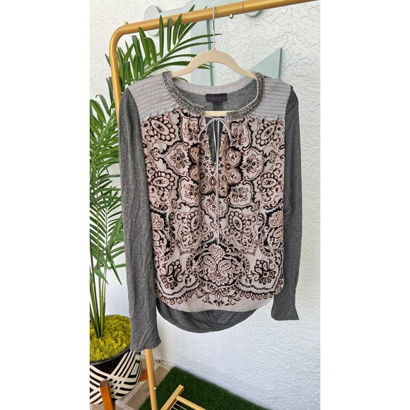 Hale Bob Gray Beaded Collar Velvet Burnout Blouse - Size Small - Picture 3 of 11